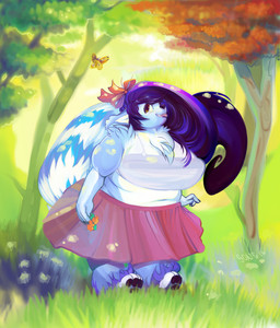 accessory anthro belly blue_body blue_fur bottomwear bow_(feature) bow_accessory bow_ribbon chest_tuft clothing curvy_figure female flower fluffy fluffy_tail forest forest_background fur grass hair hair_accessory hair_bow hair_ribbon happy insect_wings lepidopteran_wings long_hair long_tail markings midriff nature nature_background navel pawpads plant purple_hair ribbons skirt slightly_chubby solo striped_markings striped_tail stripes sun tail tail_markings tongue tongue_out tree tuft wide_hips wings undyingsong mammal digital_media_(artwork)