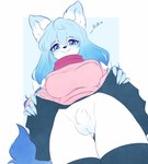 anthro big_breasts blue_body blue_eyes blue_hair blush bottomwear breasts clothed clothing clothing_lift female fur genitals hair legwear looking_at_viewer presenting presenting_pussy pussy pussy_tuft scarf skirt skirt_lift solo sweater topwear white_body white_fur inosagi ava_(ddark) canid canine fox mammal