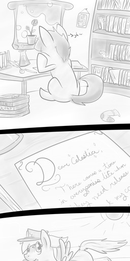 ambiguous_gender bag book bubble clothing crown feathered_wings feathers female feral flower footwear hair hat headgear headwear horn inside legwear letter plant princess royalty smile socks teeth text what window wings backsash friendship_is_magic hasbro my_little_pony mythology derpy_hooves_(mlp) princess_celestia_(mlp) equid equine mammal mythological_creature mythological_equine pegasus unicorn 1:3 2013 absurd_res black_and_white comic english_text hi_res monochrome