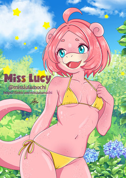 anthro bikini bikini_bottom bikini_top blue_eyes breasts camel_toe clothing fangs female freckled_breasts freckled_face freckles hair medium_breasts navel nipple_outline nipples open_mouth pink_body pink_hair pink_skin pokemorph sky smile snout solo sparkles summer swimwear tail teeth thick_thighs triangle_bikini two-piece_swimsuit wide_hips yellow_bikini yellow_clothing yellow_swimwear misslulumochi nintendo pokemon generation_1_pokemon pokemon_(species) slowpoke clip_studio_paint_(artwork) digital_media_(artwork)