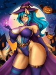 anthro armwear bat_wings big_breasts blue_eyes blush breasts camel_toe cape cleavage clothed clothing dress elbow_gloves female full_moon gloves hair handwear hat headgear headwear huge_breasts jack-o'-lantern legwear looking_at_viewer membrane_(anatomy) membranous_wings moon navel night nipple_outline nipples non-mammal_breasts non-mammal_navel non-mammal_nipples perfume_atomizer perfume_bottle solo star striped_body stripes teal_hair thick_thighs thigh_highs wide_hips wings witch_hat ashimaroo golden_shore fish marine shark 3:4 absurd_res hi_res