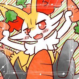 ambiguous_anthro ambiguous_gender anthro biped blush carrot digitigrade dipstick_tail food front_view holding_carrot holding_food holding_object holding_vegetable looking_at_viewer markings object_in_tail open_:3 open_mouth open_smile plant shrimp_(food) sitting smile snout solo tail tail_markings vegetable annyui0611 nintendo pokemon braixen canid generation_6_pokemon mammal pokemon_(species) 1:1 2022 digital_drawing_(artwork) digital_media_(artwork) hi_res japanese_description translated_description