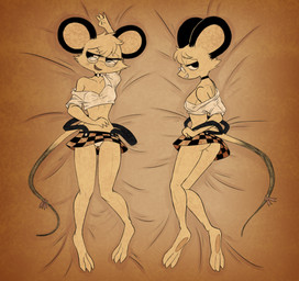 anthro bedroom_eyes bottomwear breasts butt butt_from_the_front clothed clothing dakimakura eyewear female glasses midriff narrowed_eyes panties partially_clothed seductive skirt solo underwear undressing scootsenpai molte mammal mouse murid murine rodent absurd_res dakimakura_design hi_res