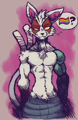 abs anthro bottomwear clothed clothing femboy fur fur_markings lgbt_pride looking_at_viewer male male_anthro markings oversized_bottomwear oversized_clothing oversized_pants pants pride_colors prosthetic prosthetic_arm prosthetic_limb rainbow_flag rainbow_pride_flag rainbow_symbol simple_background solo stare tail teeth thin_body thought_bubble topless topless_anthro topless_male yellow_eyes jwbash epic_games fortnite nyanja_(fortnite) domestic_cat felid feline felis mammal hatching_(art) meme shaded sketch