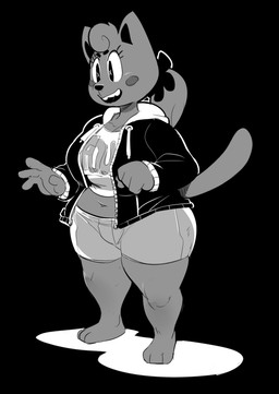 3_toes 4_fingers anthro biped black_background blush bottomwear clothed clothing eyelashes feet female fingers hair hoodie midriff navel open_mouth open_smile ponytail pose shirt shorts simple_background slightly_chubby smile solo standing teeth thick_thighs three-quarter_view toes topwear mangneto domestic_cat felid feline felis mammal 2015 digital_media_(artwork) full-length_portrait greyscale monochrome portrait