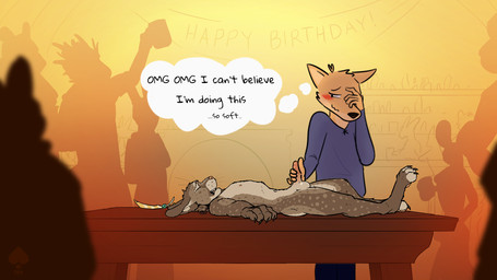 anthro blush duo exhibitionism handjob lying male male/male nervous party penile sex text thought_bubble fek ravalska dungeons_and_dragons hasbro wizards_of_the_coast fekkri_talot rav_alska canid canine felid fox mammal tabaxi 16:9 english_text hi_res widescreen
