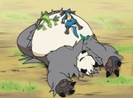 96_gatefield anthro belly belly_up big_belly claws exhausted generation_3_pokemon generation_4_pokemon generation_6_pokemon grovyle hi_res leaf lucario lying male nintendo on_back on_front overweight overweight_anthro overweight_male pangoro pawpads paws pokemon pokemon_(species) resting resting_on_belly size_difference smaller_male