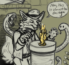 booby_trap fangs fangs_bared gold_statue looting male pedestal spikes teeth temple treasure arkailart arkail_(randomlucario) indiana_jones canid canine canis jackal mammal reptile scalie snake absurd_res hi_res