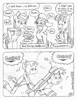 anthro argument back_wings buckteeth clock clothed clothed_female clothed_male clothing coat cowboy_hat cowboy_outfit cuckoo_clock cutie_mark detective dialogue eyelashes facial_hair female fully_clothed fully_clothed_female fully_clothed_male group hat headgear headwear holding_object horn male mustache running speech_bubble sweater sweater_vest teeth text topwear trenchcoat unicorn_horn vest wings circe_(artist) friendship_is_magic hasbro my_little_pony mythology pink_panther_(series) applejack_(mlp) inspector_jacques_clouseau snails_(mlp) snips_(mlp) twilight_sparkle_(mlp) earth_pony equid equine horse mammal mythological_creature mythological_equine pony unicorn winged_unicorn black_and_white comic english_text monochrome traditional_media_(artwork)