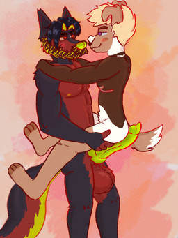 andromorph andromorph/male andromorph_anthro animal_genitalia animal_penis anthro anthro_on_anthro arms_around_shoulders balls beard big_balls big_penis biped black_body black_fur black_hair blonde_hair brown_body brown_fur canine_genitalia canine_penis carrying_another duo erection eye_contact facial_hair facial_piercing floppy_ears folded_ears fur genitals green_nose green_penis hair holding_another huge_penis imminent_sex intersex intersex/male intersex_anthro lifting_another looking_at_another male male_anthro mastectomy_scar nipples nose_piercing nose_ring nude pecs penis piercing pink_scar pointy_ears prick_ears red_body red_fur ring_piercing scar septum_piercing septum_ring short_hair tail white_nose capegloam charlie_(capegloam) marty_(capegloam) canid canine canis domestic_dog mammal 2021 3:4 clip_studio_paint_(artwork) digital_drawing_(artwork) digital_media_(artwork) shaded