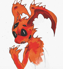ambiguous_anthro ambiguous_gender anthro black_sclera cheek_tuft facial_tuft fur multi_eye open_mouth red_body red_fur solo spiked_ears tuft white_eyes strawgoatcult cult_of_the_lamb massive_monster_(studio) demon imp 2026 bust_portrait english_description portrait sketch