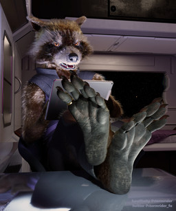 anthro claws digit_ring feet foot_fetish foot_focus frown full_foot_pawpads jewelry male paws ring solo tablet_computer toe_ring toes stormrider guardians_of_the_galaxy marvel rocket_raccoon mammal procyonid raccoon 3d_(artwork) 5:6 absurd_res digital_media_(artwork) hi_res