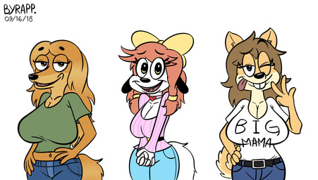 accessory anthro big_breasts blue_bottomwear blue_clothing blue_eyes blue_jeans blue_pants bottomwear bow_ribbon breasts brown_body brown_fur brown_hair buckteeth centered_hair_bow cleavage closed_smile clothed clothed_anthro clothed_female clothing collar collarbone denim denim_bottomwear denim_clothing eyebrow_through_hair eyebrows female fur gesture green_clothing green_shirt green_t-shirt green_topwear group hair hair_accessory hair_bow hair_ribbon hand_gesture heart_symbol jeans looking_at_viewer mouth_closed one_eye_closed open_mouth open_smile orange_eyes pants pink_clothing pink_sweater pink_topwear ribbons shirt simple_background smile sweater t-shirt tail tan_body tan_fur teeth text text_on_t-shirt tongue tongue_out toony topwear translucent translucent_hair trio v_sign white_background white_body white_clothing white_fur white_shirt white_t-shirt white_topwear wink winking_at_viewer yellow_eyes yellow_hair_bow byrapp holly_applebee june_(jinu) mabel_(cherrikissu) canid canine canis domestic_dog hunting_dog mammal saluki shiba_inu sighthound spitz 2018 absurd_res artist_name dated digital_drawing_(artwork) digital_media_(artwork) english_description english_text half-length_portrait hi_res portrait