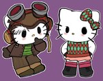 anthro boots bottomwear chibi clothing cosplay crossover_cosplay diamond_pattern duo eyewear eyewear_on_head female footwear fur goggles goggles_on_head male mouthless pattern_clothing shoes skirt striped_clothing stripes white_body white_fur touboutenshi hello_kitty_(series) psychonauts sanrio dear_daniel hello_kitty_(character) lili_zanotto razputin_aquato bobtail_cat domestic_cat felid feline felis mammal crossover