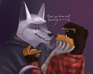 anthro black_body black_fur brown_background cigarette claws cloak clothing dialogue drugs duo ears_up eye_contact face_grab facial_markings fangs floppy_ears fur fuzzy glowing glowing_eyes grey_body grey_fur grin head_markings holding_cigarette holding_object looking_at_another looking_at_viewer male male/male markings mask_(marking) mischievous_smile multicolored_body multicolored_fur open_mouth pattern_clothing pattern_shirt pattern_topwear plaid plaid_clothing plaid_shirt plaid_topwear pointy_ears poncho prick_ears pupils red_eyes shirt sickle simple_background size_difference smile smoke smoke_from_mouth smoking smoking_cigarette smug standing surprised teeth text topwear white_pupils nlija dreamworks puss_in_boots_(franchise) death_(puss_in_boots) nlija_(character) canid canine canis domestic_dog mammal wolf english_text hi_res