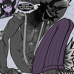 anthro biped black_body black_fur bottomwear claws clothed clothing dialogue duo fur grey_body grey_fur male master muscular muscular_anthro muscular_male pants pattern_bottomwear pattern_clothing pattern_pants sitting speech_bubble striped_bottomwear striped_clothing striped_pants stripes suspenders text toe_claws topless topless_anthro topless_male white_body white_fur amon-sydonai creepypasta smile.dog void_(amon-sydonai) canid canine canis mammal wolf 1:1 2025 digital_media_(artwork) english_text hi_res
