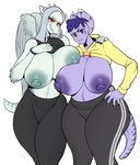 anthro areola big_breasts blue_body breasts clothed clothing duo facial_horn female grey_hair hair horn huge_breasts long_hair looking_at_viewer makeup orange_eyes purple_body purple_eyes purple_hair raised_clothing raised_topwear simple_background standing thick_thighs topwear white_background wide_hipped_female wide_hips wings detnox cavemanon_studios goodbye_volcano_high snoot_game fang_(gvh) trish_(gvh) ceratopsian dinosaur ornithischian prehistoric_species pterodactylus pterosaur reptile scalie triceratops hi_res nonbinary_(lore)