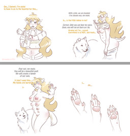 8_breasts 8_nipples ambiguous_gender areola biped bite_mark black_nose blonde_hair blue_eyes blush breasts claws clenched_teeth clothed clothing dialogue digitigrade duo ear_growth female feral fingers fleshy_tail fully_clothed fur fur_growth genitals grey_background growth hair hands_to_paws human_to_feral looking_at_hands loss_of_dexterity multi_breast multi_nipple navel nipples nude one_eye_half-closed open_mouth pawpads paws quadruped simple_background species_transformation standing supernumerary_breasts supernumerary_nipples tail tail_growth teeth text transformation undressing vulva white_background white_body white_fur strawberrytfs canid canine canis humanoid mammal wolf 2019 colored comic english_text sequence shaded male_(lore)