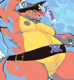 action_pose anthro belly belt big_belly brown_body brown_scales collarbone ear_piercing ear_ring fupa holding_melee_weapon holding_object holding_sword holding_weapon love_handles male melee_weapon moobs mostly_nude mostly_nude_anthro mostly_nude_male musclegut muscular navel nipples null overweight overweight_anthro overweight_male piercing pirate pirate_hat pose raised_arm ring_piercing scales scimitar sea skull_and_crossbones smile snaggle_teeth solo sword thick_thighs water weapon boneranonymouse donkey_kong_(series) donkey_kong_country_(tv_series) nintendo kaptain_skurvy crocodile crocodilian kremling reptile scalie 2025 colored digital_drawing_(artwork) digital_media_(artwork) hi_res pinup