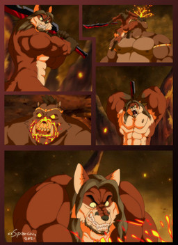 5_fingers anthro beard big_muscles black_hair blood bodily_fluids bone brown_body brown_fur butt clenched_teeth clothed clothing duo exposed_bone exposed_skull facial_hair fangs fight fingers fur glowing glowing_eyes gore hair hell humanoid_hands jumping male melee_weapon multicolored_body multicolored_fur muscular muscular_anthro muscular_male nipples nude nude_anthro nude_male pecs red_body red_fur skull speech_bubble sword tail teeth text tongue topless topless_anthro topless_male tusks two_tone_body two_tone_fur weapon white_body white_fur xxsparcoxx teofacio_larna canid canine fox mammal red_fox suid suine sus_(pig) true_fox wild_boar 2021 comic digital_media_(artwork) hi_res
