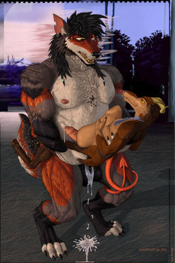abdominal_bulge anthro balls bodily_fluids chest_tuft cum cum_dripping_on_floor cum_inflation cum_inside cum_on_balls digitigrade duo ear_piercing foreskin fur genital_fluids genitals hooves horn hyper inflation knot knot_bulge living_condom male male/male multicolored_body multicolored_fur multicolored_tail muscular muscular_male notched_ear penis piercing size_difference spade_tail tail tuft ahundred canid canine canis mammal mexican_wolf wolf 2:3 hi_res