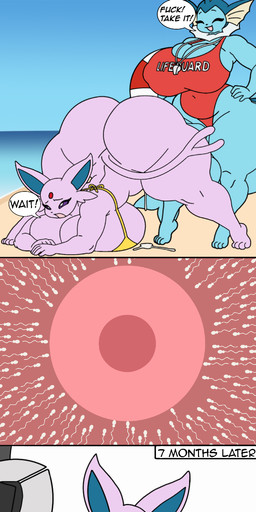 4_toes 5_fingers anthro areola balls barefoot big_balls big_breasts big_butt big_penis bodily_fluids breasts butt clothing cum cum_drip cum_in_vagina cum_inside cum_on_ground curvy_figure dialogue dripping exclamation_point feet female female_anthro fingers genital_fluids genitals gynomorph huge_breasts huge_butt impregnation intersex intersex/female lifeguard navel nipples nude one-piece_swimsuit outie_navel ovum penis pink_areola pink_nipples pokemorph pregnant pregnant_female sex speech_bubble sperm_cell swimwear text thick_thighs time_skip toes unwanted_impregnation vaginal voluptuous vulva chudnari nintendo pokemon eeveelution espeon generation_1_pokemon generation_2_pokemon pokemon_(species) vaporeon absurd_res comic english_text hi_res