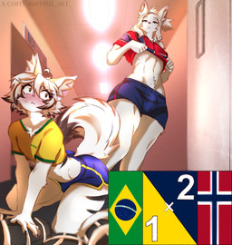 anthro athletic blush bottomwear brazil brazilian_flag bulge clothing duo femboy football_jersey football_player fur inside locker male male/male muscular norway norwegian_flag removing_shirt shorts text thick_thighs threatening undressing white_body white_fur world_cup samkit fifa sam_(samkit) arctic_fox canid canine domestic_cat felid feline felis fox mammal true_fox english_text hi_res