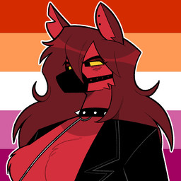 angry anthro big_breasts blush breasts choker cleavage_cutout clothing collar cutout ear_piercing eyelashes female fur hair jacket jewelry leash leashed_collar lesbian_pride_colors lgbt_pride long_hair muzzle_(object) muzzled necklace orange_lesbian_pride_colors piercing pride_colors red_body red_fur red_hair snout solo topwear yellow_sclera idolomantises mythology scylla_(idolomantises) canid canid_demon canine demon hellhound mammal mythological_canine mythological_creature 1:1 2025 digital_media_(artwork) hi_res portrait