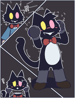 ambiguous_gender anthro blush bow_tie detachable detachable_head heterochromia looking_at_viewer motion_lines red_bow_tie solo transformation transformation_sequence oagoner deltarune undertale_(series) cat_mike_(deltarune) mike_(deltarune) felid feline mammal aliasing alternate_version_at_source digital_media_(artwork)