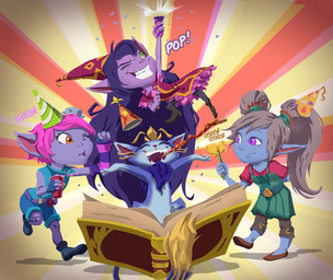 beverage blonde_hair blue_body blue_fur blue_skin book boots bottomwear celebration clothing confetti dress eyes_closed eyewear eyewear_on_head fangs female feral fluffy fluffy_tail footwear fur gloves goggles goggles_on_head green_eyes group hair handwear hat head_accessory headgear headwear high_heeled_boots high_heels holding_beverage holding_object humanoid_pointy_ears long_hair long_tail looking_at_another looking_up neck_tuft noisemaker onomatopoeia open_mouth open_smile orange_eyes pants party_hat pink_hair pointy_ears purple_body purple_eyes purple_hair purple_skin shirt shoes short_hair shorts simple_background skirt sleeveless_shirt smile sound_effects tail teeth text tome topwear tuft whiskers ruffu league_of_legends riot_games tencent lulu_(lol) poppy_(lol) tristana_(lol) yuumi_(lol) felid feline humanoid mammal yordle digital_media_(artwork) digital_painting_(artwork) hi_res painting_(artwork)