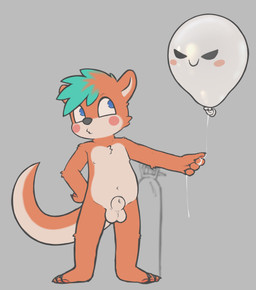 animal_genitalia anthro balloon balloon_fetish biped blue_eyes blush_marks countershading fully_sheathed fur genitals grey_background grey_body grey_countershading helium helium_tank inflatable male nude orange_body orange_fur pawpads sheath simple_background solo standing tail young young_anthro young_male badipoki prince_preston_(badipoki) mammal mustelid otter absurd_res hi_res adult_(lore)