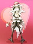 anthro blush breasts cleaning_tool clothed clothing embarrassed feather_duster feathers female genitals hair maid_uniform nipple_outline no_underwear pussy solo text uniform white_body white_feathers white_hair robcivecat helluva_boss stella_(helluva_boss) avian avian_demon bird demon 2023 url