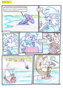 anthro beach blue_clothing blue_hair blue_shirt blue_topwear clothing duo female hair outside shirt speech_bubble text topwear umbrella virus-20 wendy_wolf_(virus-20) canid canine canis fox mammal wolf 2009 comic
