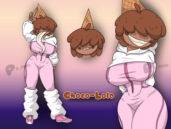 big_breasts big_mouth_(anatomy) bite biting_lip bodily_fluids breasts brown_body brown_hair candy catsuits chocolate clothing dessert eyeless female food gesture hair hand_gesture hoodie ice_cream_cone long_tongue marked_nipples pink_clothing saliva saliva_on_tongue smile solo stretched_clothing tan_tongue thick_thighs tongue tongue_out topwear v_sign white_clothing white_hoodie white_topwear painting_nyxie original_character_do_not_steal choco-lola_(painting_nyxie) humanoid ice_cream_humanoid absurd_res concept_art digital_drawing_(artwork) digital_media_(artwork) hi_res