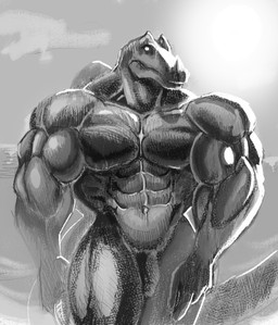 abs age_difference aged_up anthro barazoku biceps big_muscles food genitals holding_food holding_object huge_muscles male mature_anthro mature_male muscular muscular_anthro muscular_male navel older_anthro pecs penis solo trapezius wet wet_body pinumontbalou dinosaur prehistoric_species reptile saurischian scalie spinosaurid spinosaurus theropod greyscale hi_res monochrome
