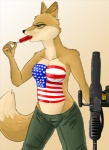 american_flag anthro biped bodypaint bottomwear breasts brown_eyewear clothed clothing eyewear female flag_bodypaint fluffy fluffy_tail food glasses green_bottomwear green_clothing gun machine_gun nipples painted_breasts pants pince-nez popsicle ranged_weapon simple_background solo standing sucking tail tight_bottomwear tight_clothing topless united_states_of_america weapon fidchellvore sek_studio squirrel_and_hedgehog lt._fox_vixen canid canine fox mammal 2013 digital_media_(artwork)