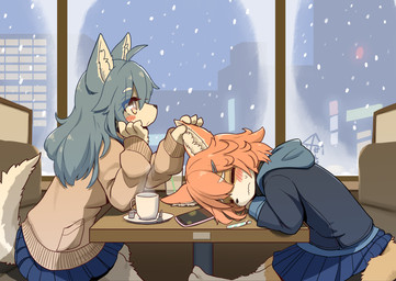 anthro barefoot beverage blue_bottomwear blue_clothing blue_skirt blush booth_seating bottomwear building cellphone city clothed clothing container cup duo ear_rub electronics eyes_closed feet female fully_clothed furniture glass grey_hair hair head_down hood_down hoodie inner_ear_fluff inside kemono long_hair orange_hair phone plate restaurant sitting skirt smartphone snow snowing snowing_outside steam sweater table tail topwear tuft window koorinezumi canid mammal hi_res