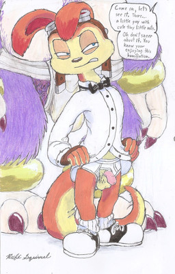 arm_ring armwear belly blue_eyes bottomless bottomwear bow_tie briefs bulge claws clothed clothing clothing_aside clothing_lift coaxing collared_shirt dialogue dress_shirt eyewear eyewear_on_head feet fingerless_gloves footwear formal_wear genitals giving_orders gloves goggles goggles_on_head group handwear humiliation leg_ring loincloth male penis presenting pubes saddle_shoes shirt shoes simple_background sneer socks text topwear underwear underwear_aside rufe_squirrel jak_and_daxter naughty_dog sony_corporation sony_interactive_entertainment daxter bully_(jak_and_daxter) lurker_(jak_and_daxter) mammal mustelid ottsel absurd_res english_text hi_res mixed_media traditional_media_(artwork)