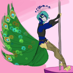 anthro beak blue_hair clothed clothing crossdressing dancing digitigrade feathers feet femboy fishnet_clothing garter_straps hair holding_fixture legwear male navel pole pole_dancing solo talons thigh_highs toes topwear vest frothinglizard danny_(vampiresacrifice) avian bird galliform peafowl phasianid 1:1 hi_res