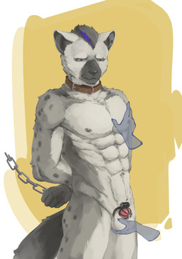 abs anthro areola athletic athletic_anthro athletic_male ball_fondling balls balls_touching barred_chastity_cage black_chastity_cage bodily_fluids bound chain chained chastity_cage chastity_device collar disembodied_hand ear_piercing eyebrow_piercing facial_piercing fondling fur genital_fluids genitals ghost_hand grey_body grey_fur hair hand_on_balls hands_behind_back leaking_precum male markings metal_chastity_cage multicolored_body multicolored_fur nude pec_grab pecs piercing precum solo_focus spots spotted_body spotted_fur tail two_tone_body two_tone_fur wearing_chastity_cage wearing_chastity_device clowd_fc arknights hypergryph studio_montagne spot_(arknights) hyena mammal spotted_hyena absurd_res hi_res