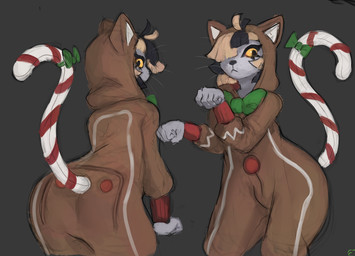 accessory anthro bow_ribbon christmas_clothing clothing femboy front_view furgonomics hair holidays looking_at_self looking_away male multicolored_hair onesie pose ribbons simple_background solo tail tail_accessory tail_bow tail_ribbon two_tone_hair pajamamcham christmas jaspar_(pajamamcham) domestic_cat felid feline felis mammal