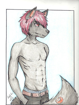 anthro black_body black_fur clothed clothing fangs fur hair male moon piercing red_eyes red_hair skinny solo tail teeth topless kyoku kizoka_(character) canid canine canis hybrid mammal undead vampire wolf hi_res