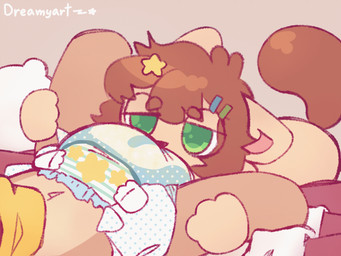 accessory ambiguous_gender anthro bodily_fluids diaper diaper_sniffing duo genital_fluids hair_accessory hairpin lying navel on_back pillow sniffing spread_legs spreading tail tail_motion tailwag unclean_diaper urine used_diaper wet_diaper dreamyart flexy_(dreamyart) canid canine canis domestic_cat domestic_dog felid feline felis mammal 4:3 animated hi_res