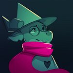 anthro blue_background clothing eyewear glasses gradient_background hat headgear headwear heart_symbol horn male purple_scarf scarf simple_background solo itswolven deltarune mythology undertale_(series) ralsei dragon mythological_creature mythological_scalie scalie 1:1 2018 half-length_portrait portrait