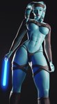 aayla_secura abs alien alien_humanoid big_breasts blue_body blue_lightsaber blue_skin breasts butt clothed clothing el-recondite exposure_variation female hi_res humanoid lekku_(anatomy) lightsaber looking_at_viewer melee_weapon muscular muscular_female navel not_furry panties pseudo_hair raised_clothing raised_shirt raised_topwear shirt skimpy solo star_wars tentacles thick_thighs thong topwear twi'lek under_boob underwear weapon wide_hips