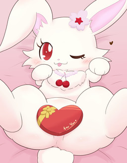 accessory anthro bed bedding bedding_background blush box_of_chocolates candy chocolate dessert female female_anthro flower flower_in_hair food fur furniture hair hair_accessory heart_symbol holidays jewelry lying necklace on_back on_bed one_eye_closed plant red_eyes solo tongue tongue_out white_body white_fur wink bluehiyokobunny jewelpet sanrio sega sega_fave valentine's_day ruby_(jewelpet) lagomorph leporid mammal rabbit absurd_res hi_res
