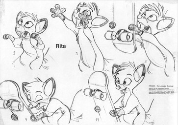 ambiguous_gender eyes_closed feral fur holding_skateboard looking_up open_mouth simple_background skateboard smile solo standing tail text toony vehicle white_background dan_harder jungledyret_hugo rita_(jungledyret) canid canine fox mammal 1991 concept_art english_text model_sheet monochrome official_art traditional_media_(artwork) female_(lore)