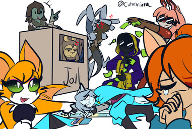 anthro blue_bottomwear blue_clothing blue_pants bodily_fluids boots bottomwear clothed clothing eyewear fingers footwear fur grey_hair group hair money open_mouth orange_body orange_ears orange_fur orange_hair pants pink_tongue shoes sunglasses tears teeth tongue white_body white_fur cutexiora dust:_an_elysian_tail monopoly bat canid canine lagomorph leporid mammal nimbat rabbit scalie hi_res