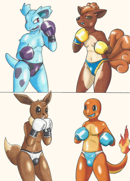 anthro anthrofied athletic athletic_anthro athletic_female athletic_male boxing_gloves breasts bulge clothed clothing fangs female female_anthro group handwear male male_anthro mouthguard panties speedo swimwear teeth topless topless_anthro topless_female topless_male underwear dcheese nintendo pokemon charmander eevee generation_1_pokemon nidorina pokemon_(species) vulpix 2018 absurd_res hi_res