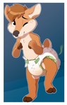 anthro brown_body brown_eyes brown_fur brown_hair cheek_spots clenched_hands clothed clothing diaper diaper_only diaper_use feces fur hair hooves looking_at_viewer male multicolored_body one_eye_closed outline pooping pushing raised_hoof raised_leg scut_tail short_tail soiled_diaper soiling soiling_diaper solo tail topless two_tone_body unclean_diaper used_diaper using_diaper young baltnwolf maxwell_shilo deer mammal hi_res